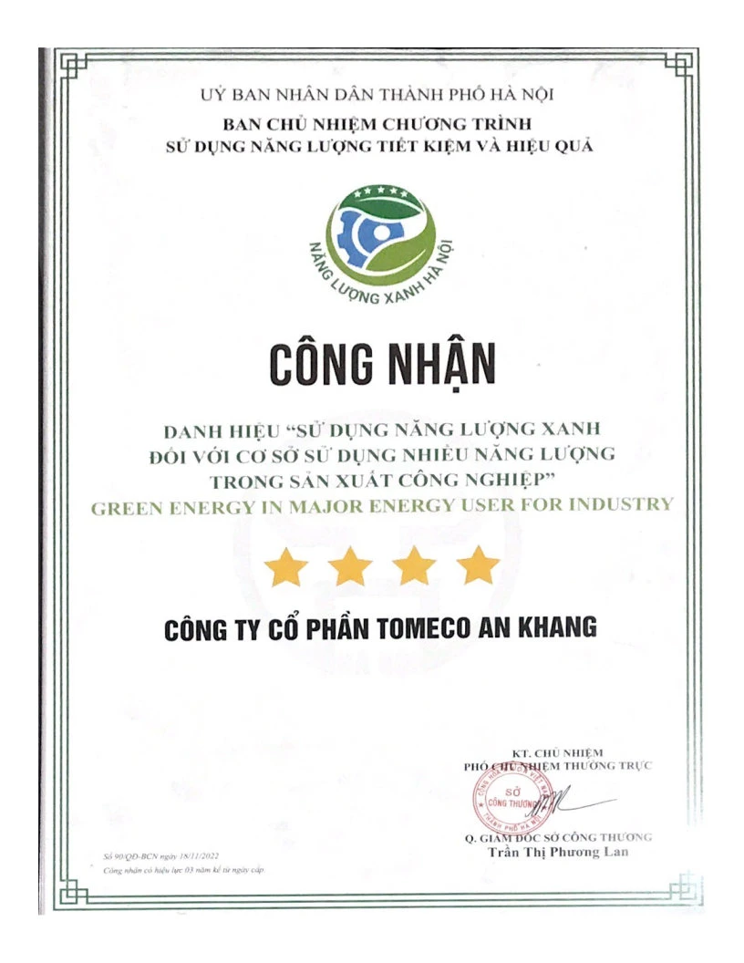 Chứng nhận “Sử dụng năng lượng xanh”