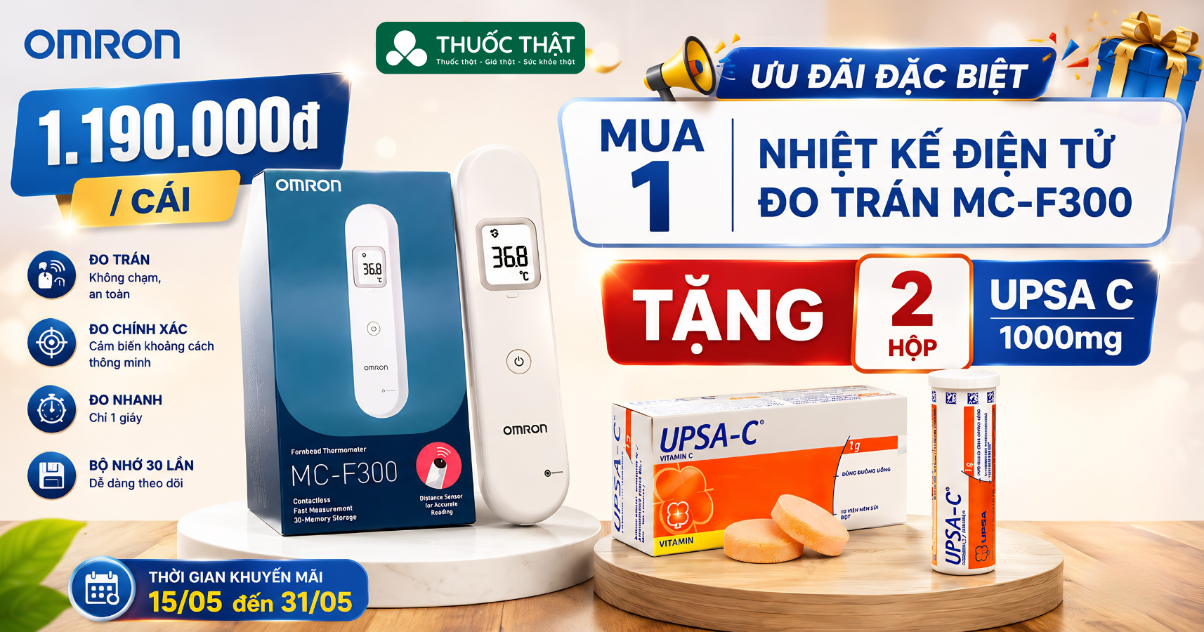 Mua Nhiệt Kế Đo Trán Omron Mc-F300 – Tặng Ngay 2 Hộp Upsa C 1000mg