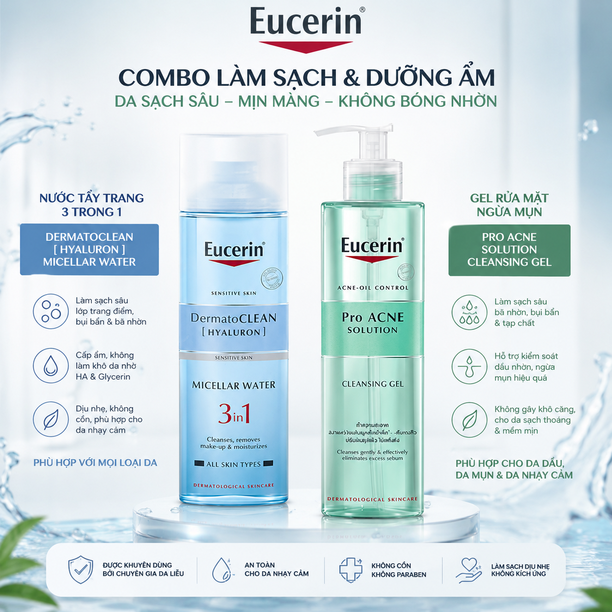 Combo Gel rửa mặt cho da dầu mụn Eucerin + Nước Tẩy Trang Dành Cho Da Nhạy Cảm Eucerin 