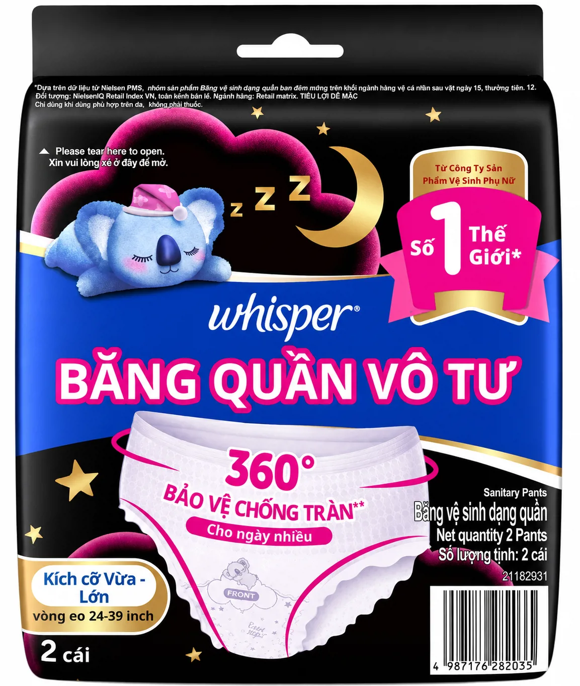 Băng Vệ Sinh Dạng Quần Whisper Koala Kích Cỡ Vừa - Lớn 2 Cái
