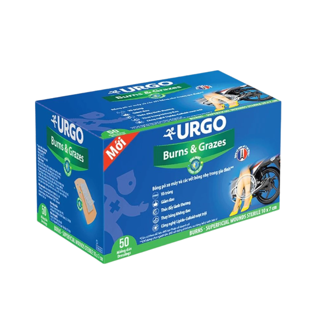 Băng dán Urgo Burns & Grazes 100mm x 70 mm bảo vệ vết thương do bỏng bô xe máy (hộp 50 miếng)