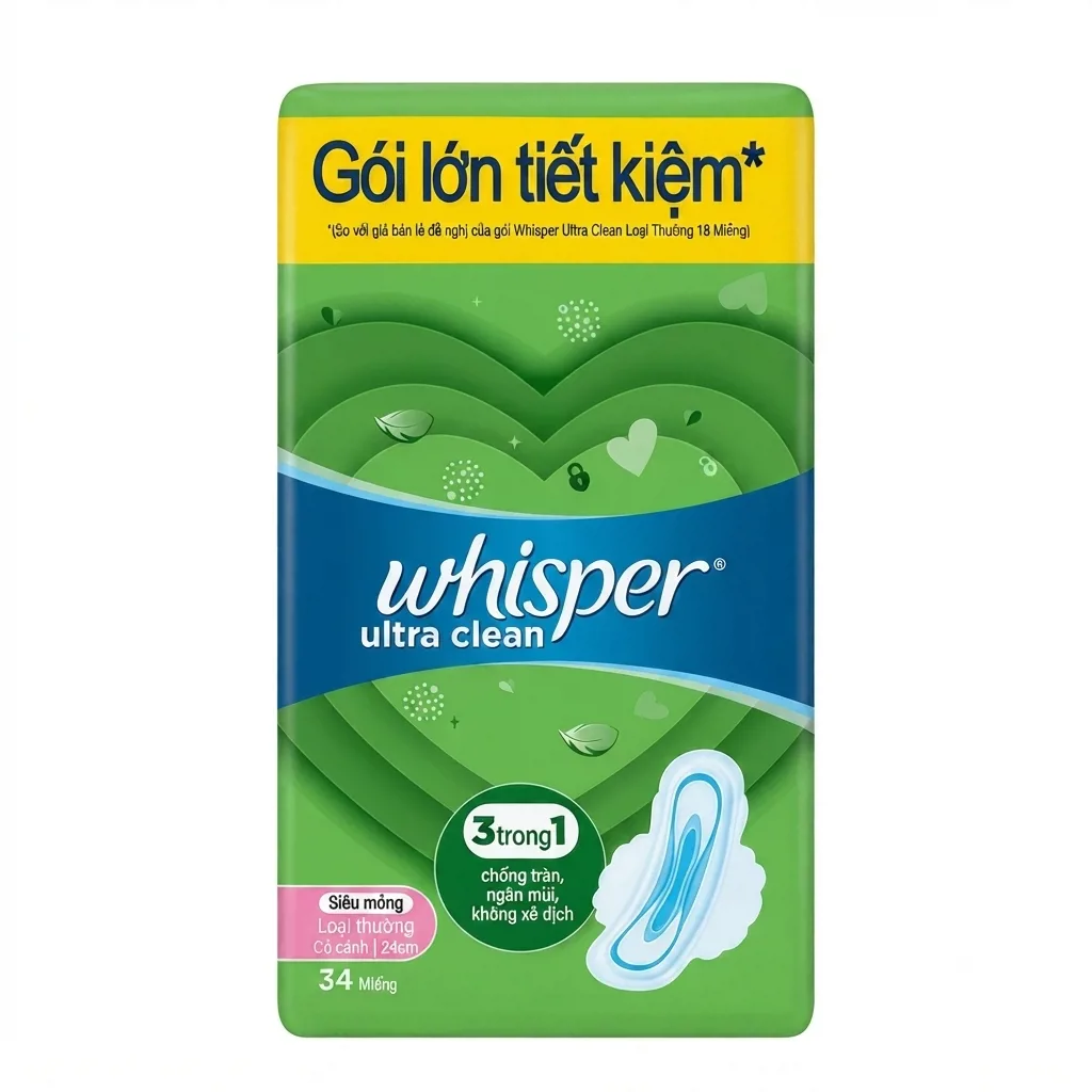 Băng Vệ Sinh Whisper Siêu Mỏng Mặt Lưới Ngày Thường 24cm 34 Miếng