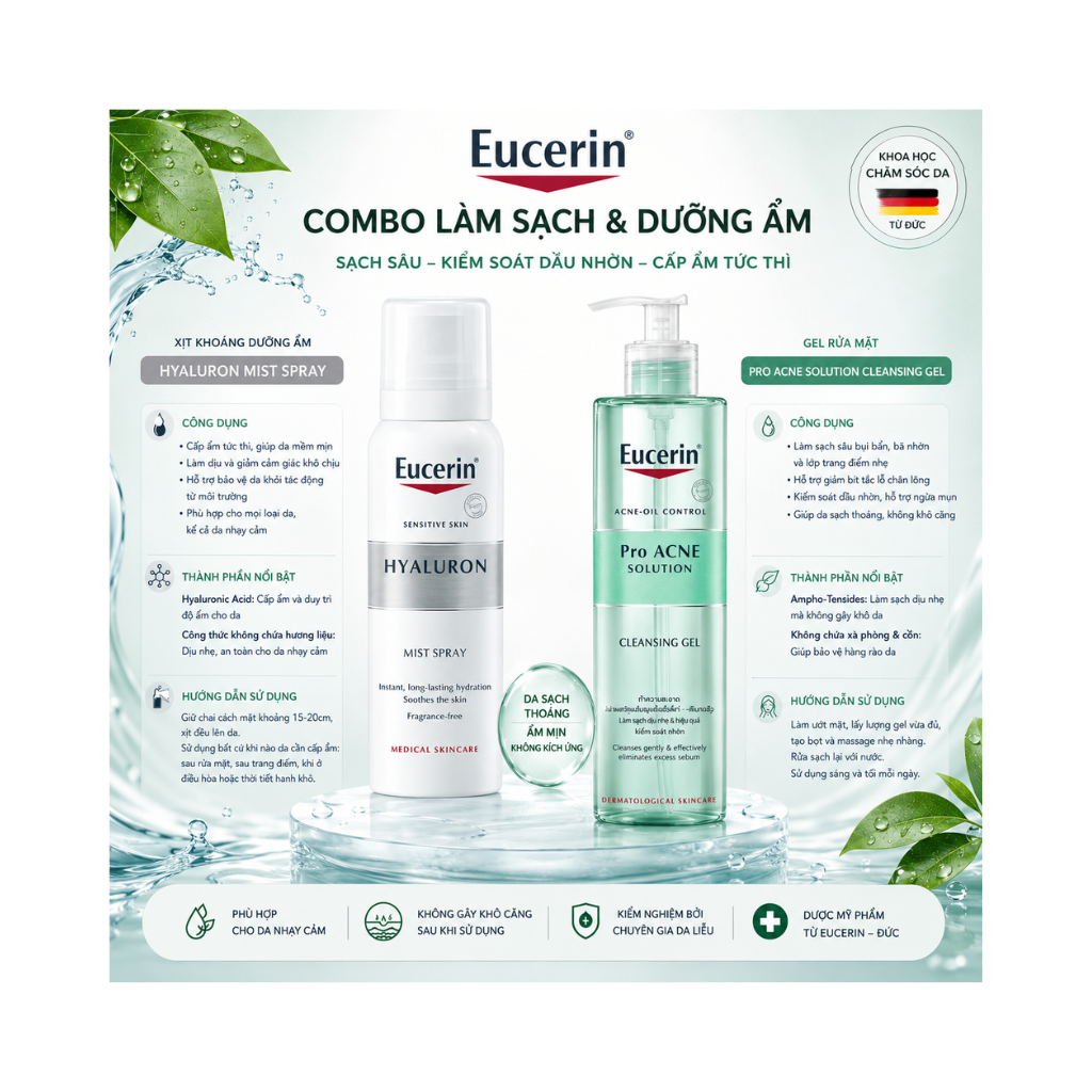 Combo Tinh Chất Hỗ Trợ Giảm Thâm Nám Eucerin +Sữa Rửa Mặt Eucerin Dạng Bọt Sạch Sâu Cho Da Nhờn 150g