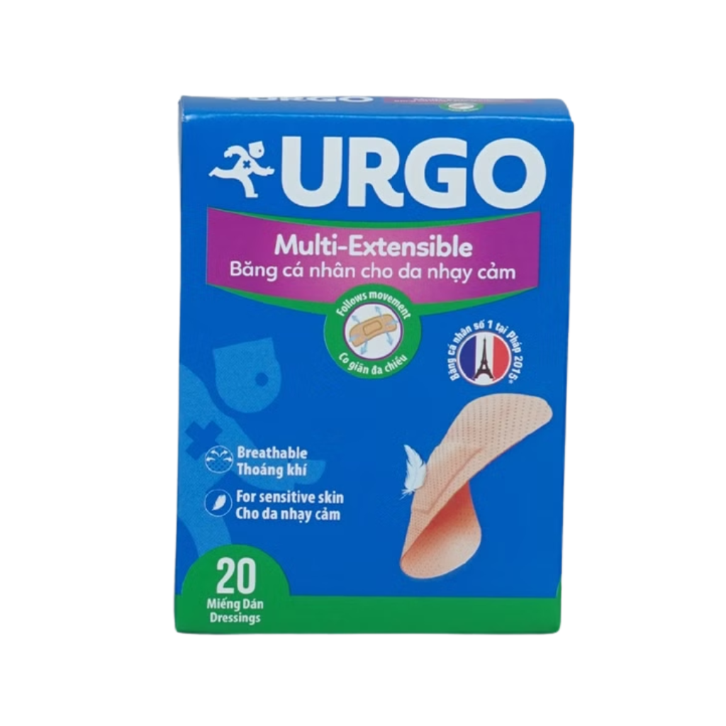 Băng cá nhân dành cho da nhạy cảm URGO Multi-Extensible bảo vệ vết thương nhỏ 2cm x 7.2cm (20 miếng)