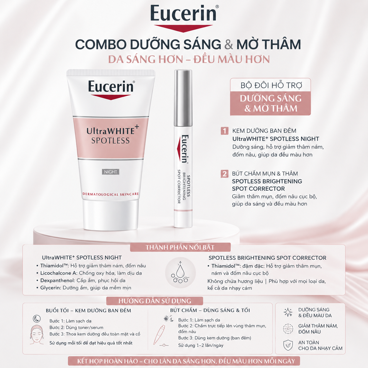 Combo Tinh Chất Hỗ Trợ Giảm Thâm Nám Eucerin +Kem dưỡng trắng da ban đêm Eucerin 