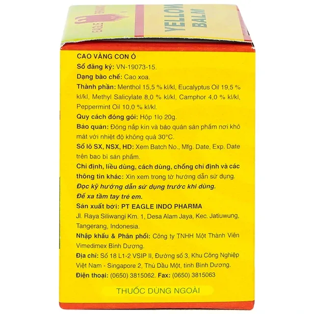 Cao Vàng Con Ó Eagle Brand Yellow Balm Borden Giảm Đau Đầu, Choáng Váng, Chóng Mặt, Đau Lưng (12 Hộp X 20g)